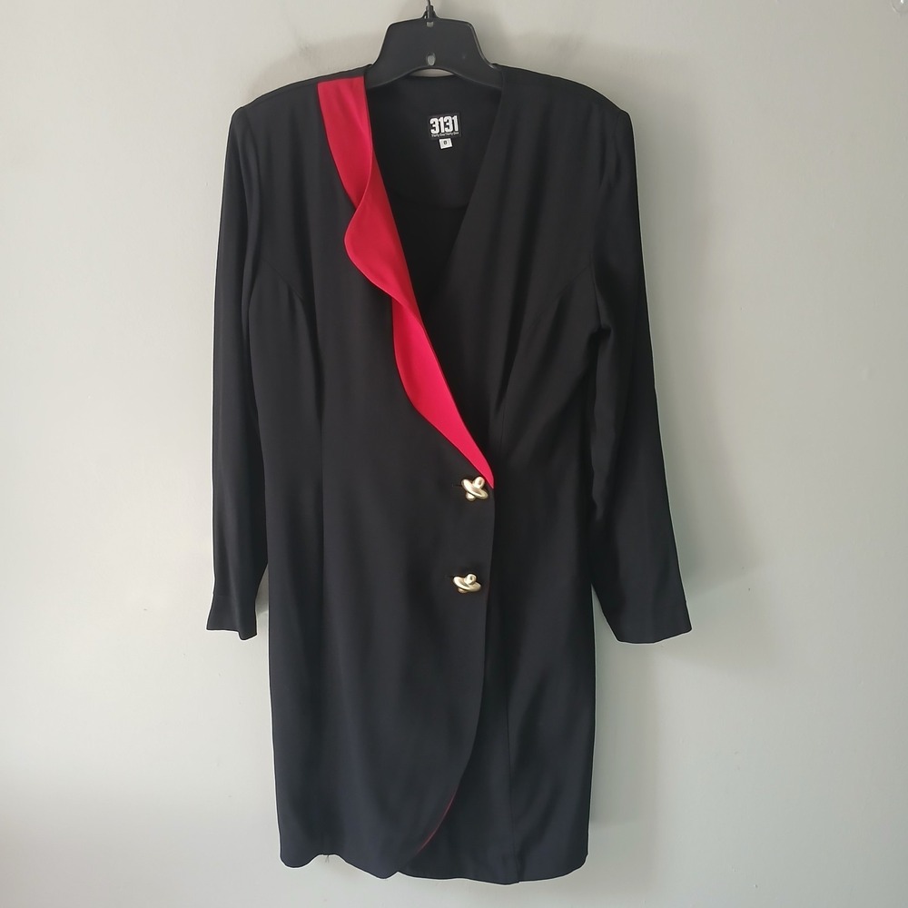 Vintage 3131 1980's Women's Size 8 Midi Wrap Dress Gold Button Shoulder Pads